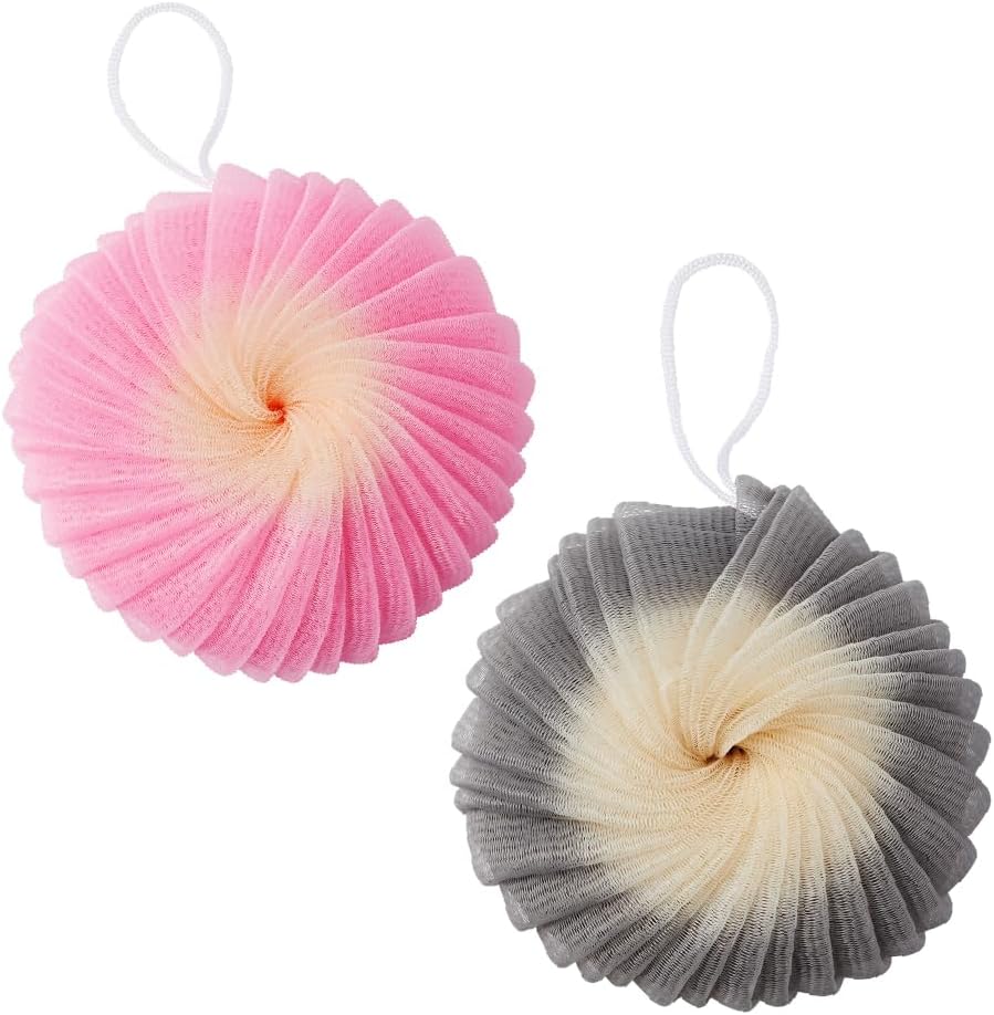 Éclat Mesh Bath Sponge Loofah Ball, Soft Exfoliating Body Scrubber for Wash, Rich-Lather Nylon Net Puff with Quick-Dry Hanging Loop, Gentle Daily Cleanser (Pink/Grey, 2Pcs)