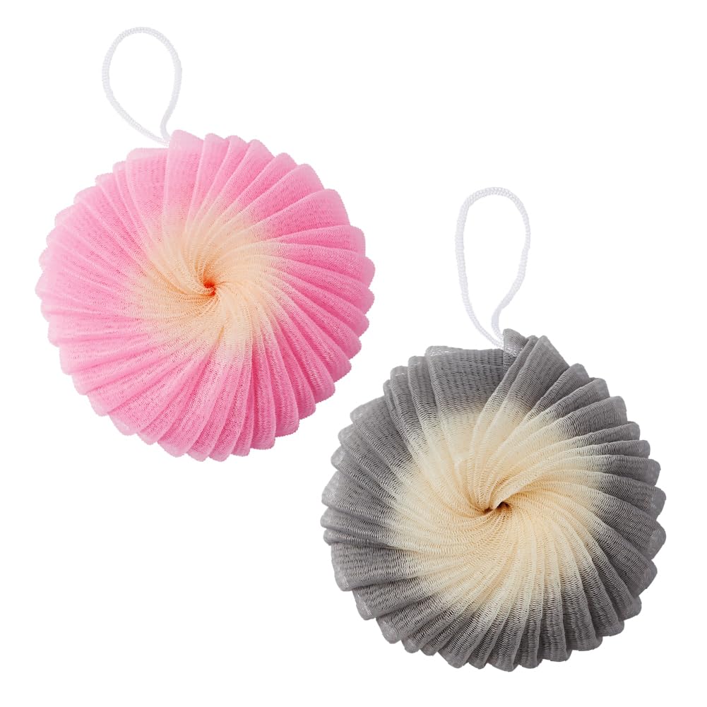 Éclat Mesh Bath Sponge Loofah Ball, Soft Exfoliating Body Scrubber for Wash, Rich-Lather Nylon Net Puff with Quick-Dry Hanging Loop, Gentle Daily Cleanser (Pink/Grey, 2Pcs)
