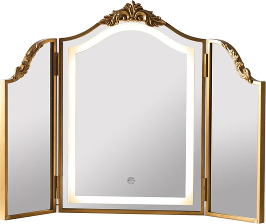 HSDDHOME Antique Gold Triple Fold Makeup Mirror with Tri-Color LED Lighting & Dimming, Baroque Carved Arch Vintage Vanity Mirror, Bohemian Decor for Bedroom/Dressing Room, 31x23 Inch