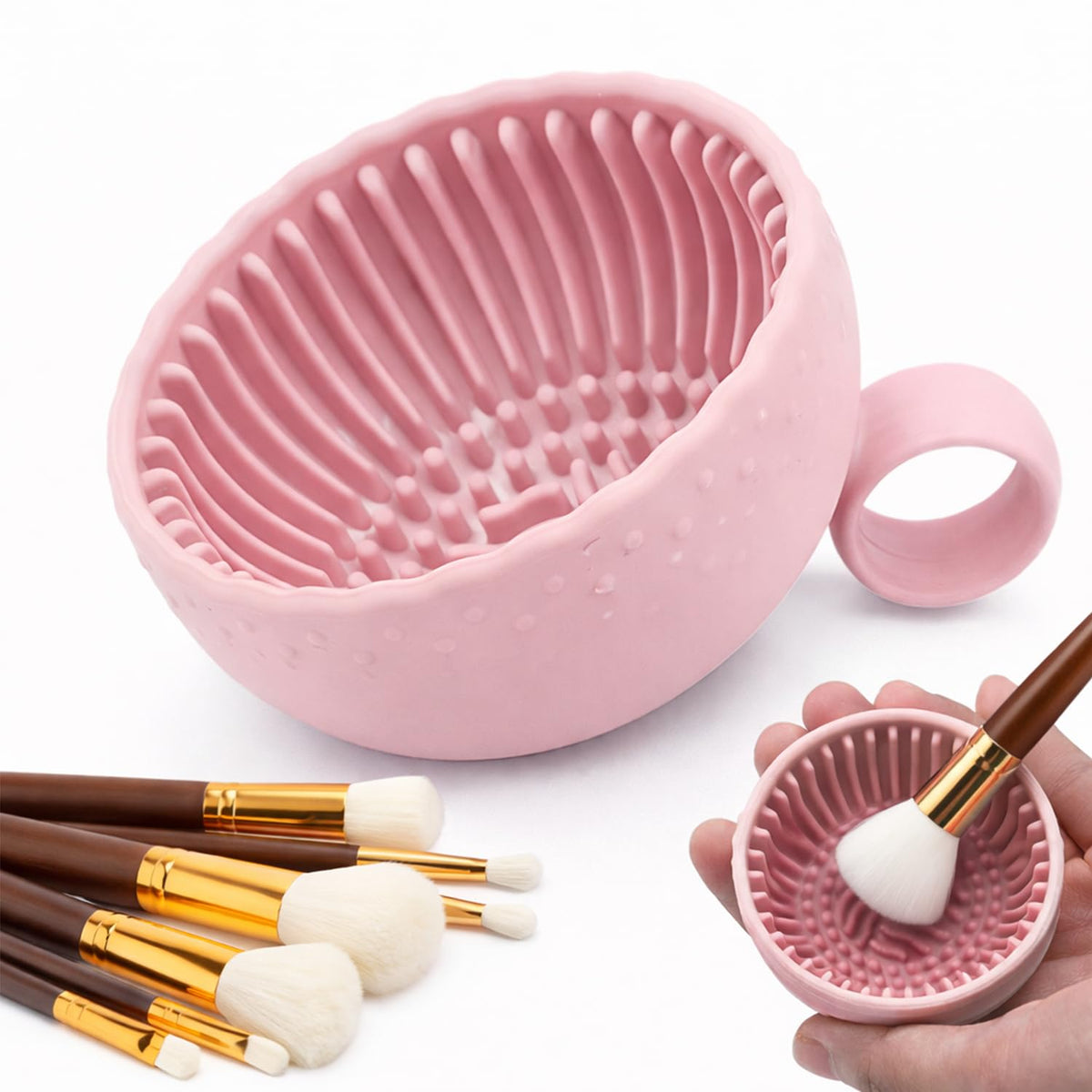 Silicone Makeup Brush Cleaner Bowl, Portable Brush Washing Tool with Textured Cleaning Pad, Compact Makeup Cleaning Bowl for Brushes, Sponges & Puffs (Purple)