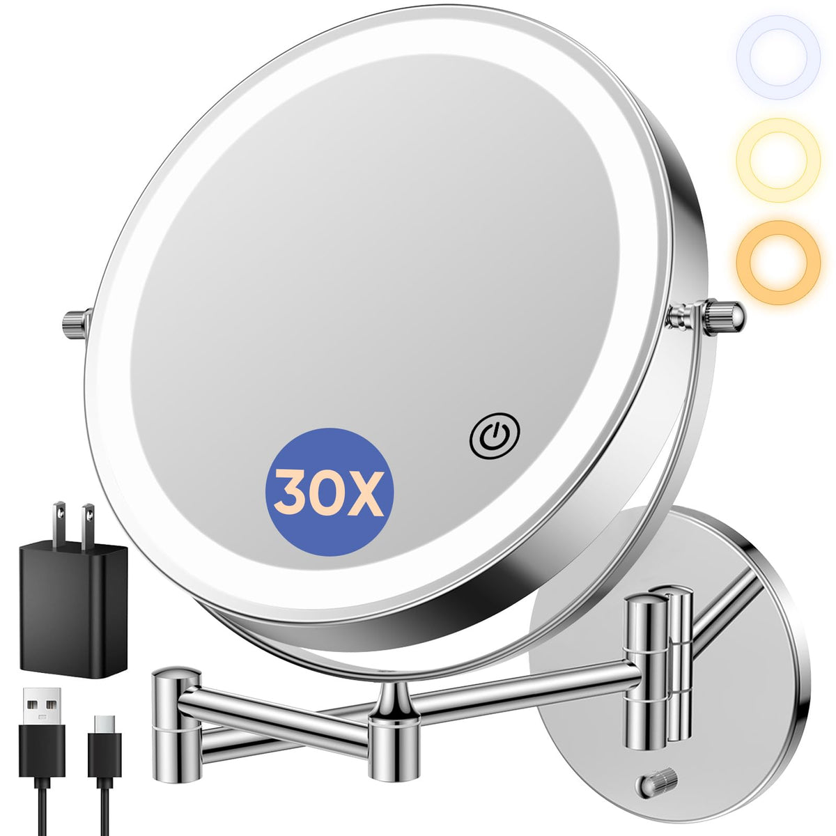 FUNTOUCH 5000mAh Rechargeable Wall Mounted Lighted Makeup Mirror 1X30X