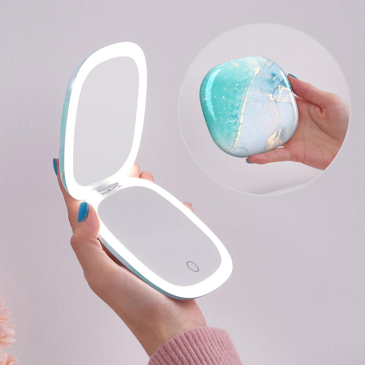 Mocado Compact LED Magnifying Travel Makeup-Mirror - 4 inches 1X/10X Magnification Small Hand Pocket Dimmable Double Sided USB Rechargeable Touch Screen, Portable Tabletop Cosmetic (Rose Gold)