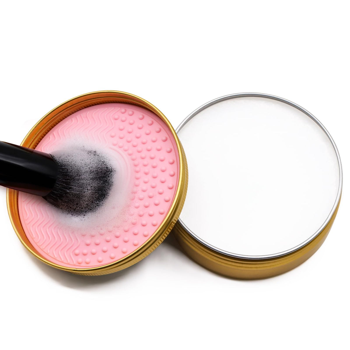 Makeup Brush Cleaner Mat + Solid Brush & Sponge Soap, Brush Cleaner Bowl & Makeup Brush Cleanser, 3 in 1 Makeup Organizer, Vegan, Deep Cleaning, No Residue(2-piece set, 100g/3.53oz + Khkai)