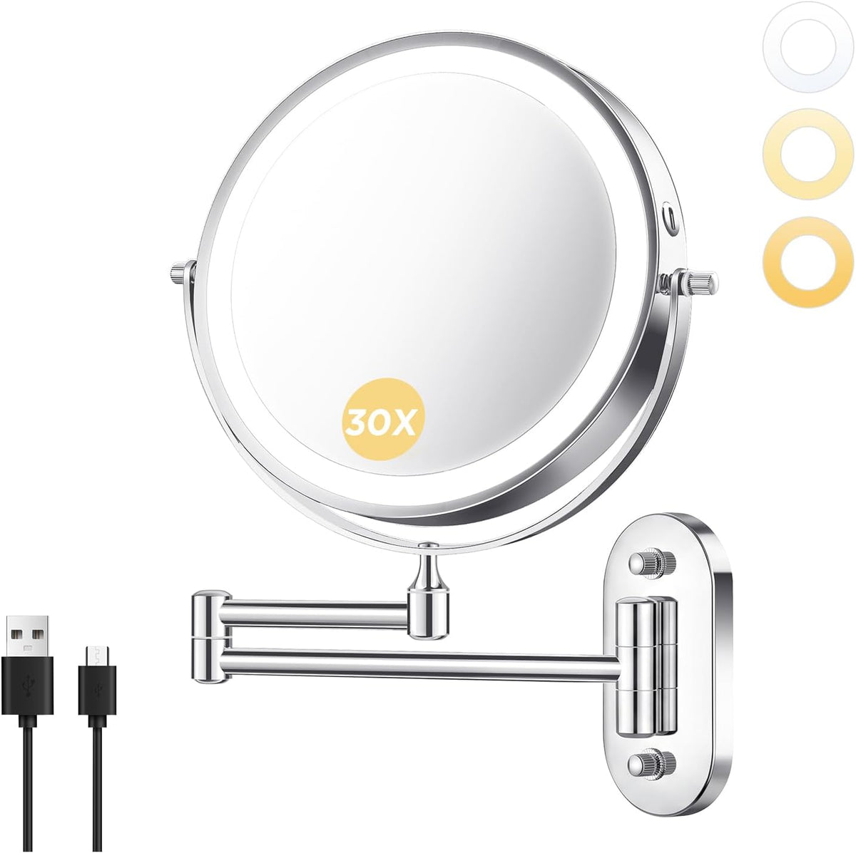 Wall Mounted Makeup Mirror, 8 Inch, 1X/30X, Rechargeable 4000mAh