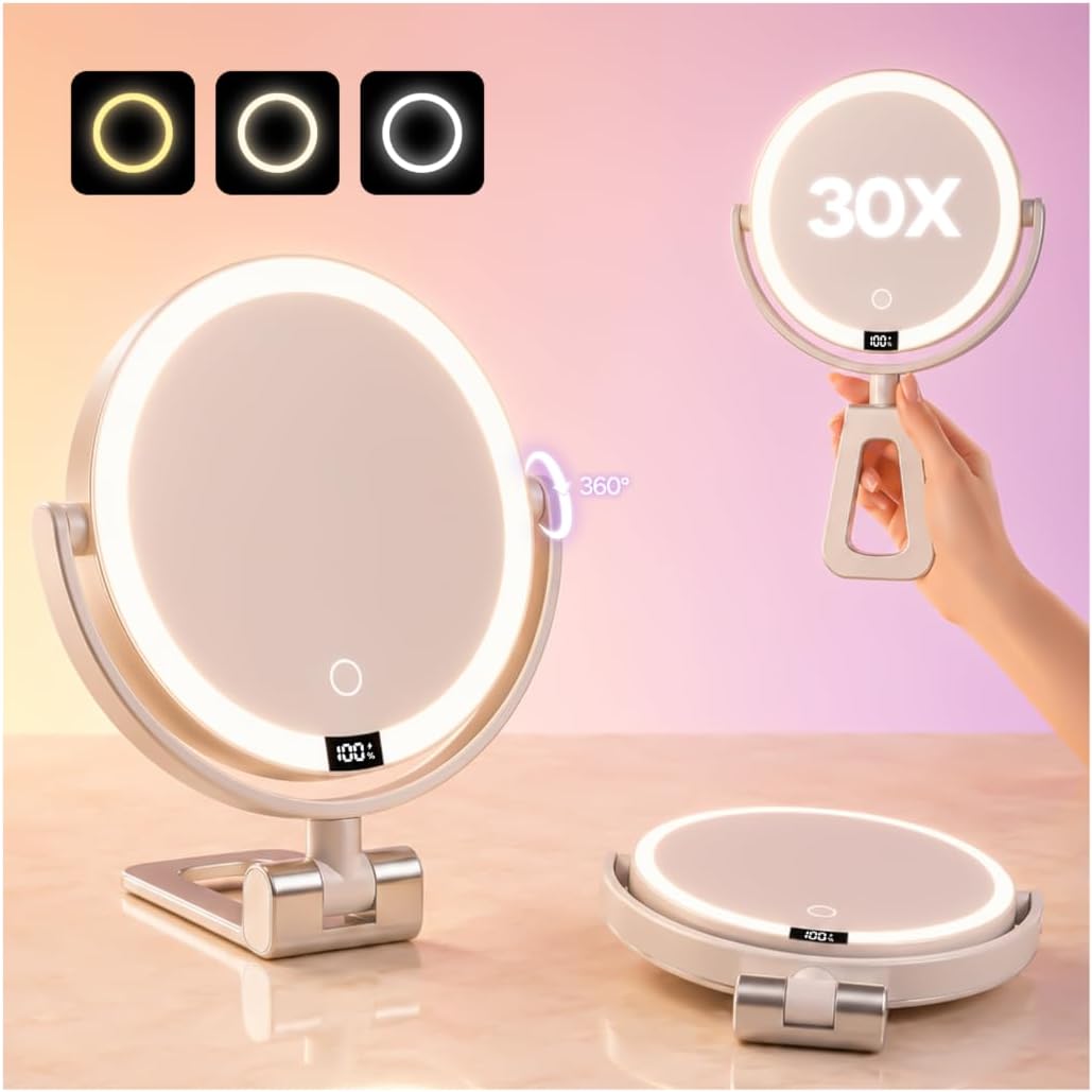 1X/30X Makeup Mirror with Lights, Rechargeable Magnifying Mirror