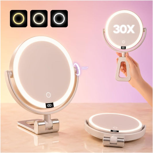 1X/30X Makeup Mirror with Lights, Rechargeable Magnifying Mirror