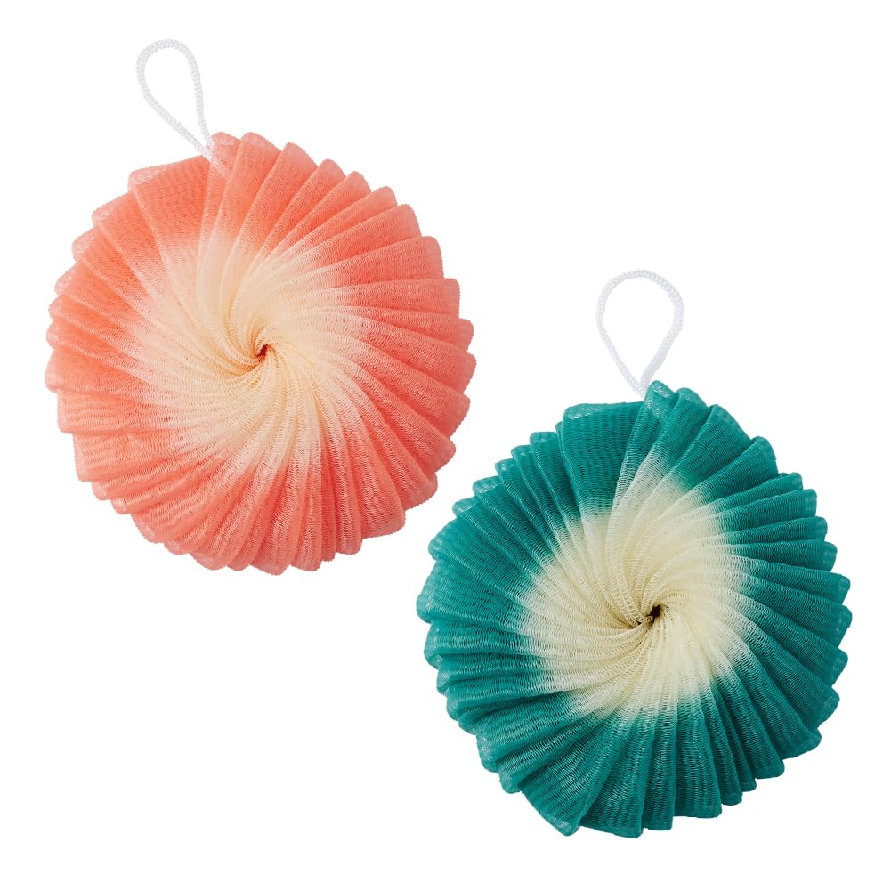 Éclat Mesh Bath Sponge Loofah Ball, Soft Exfoliating Body Scrubber for Wash, Rich-Lather Nylon Net Puff with Quick-Dry Hanging Loop, Gentle Daily Cleanser (Pink/Grey, 2Pcs)