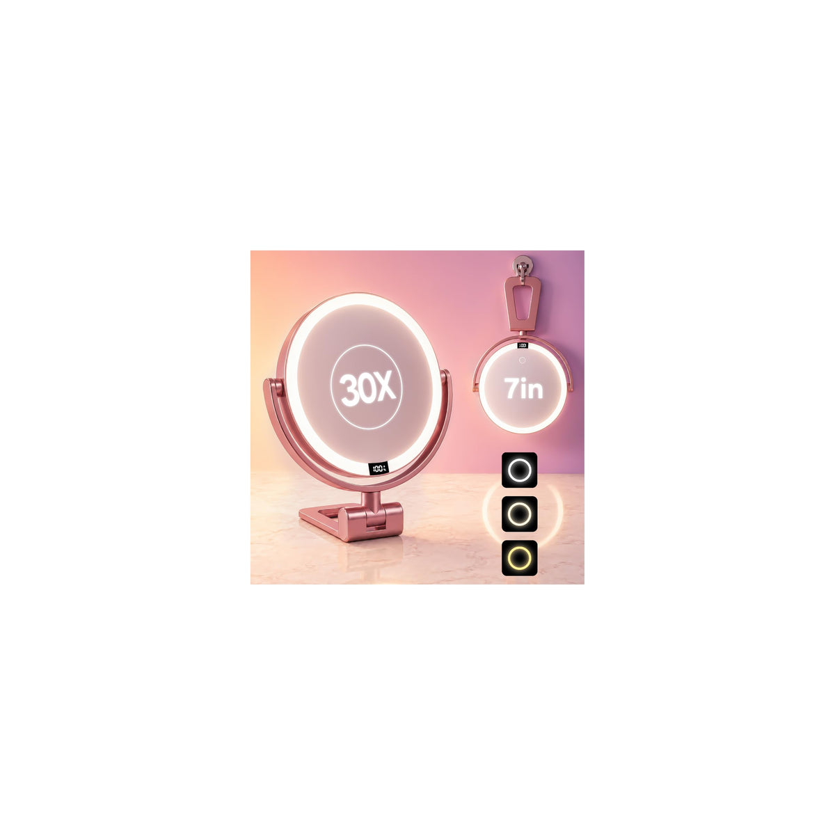 1X/30X Makeup Mirror with Lights, Rechargeable Magnifying Mirror