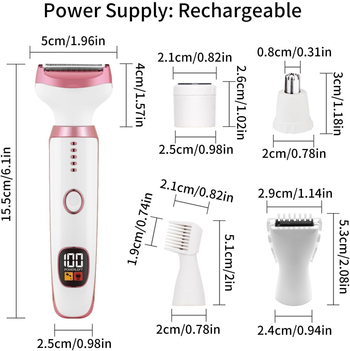 Electric Razors for Women, Bikini Trimmer for Women 5 in 1 Body Shaver for Nose Hair Face Eyebrow Arms Legs Armpit Underarm Pubic Area, Replaceable Lady Facial Razor Painless USB Charge Female Gift