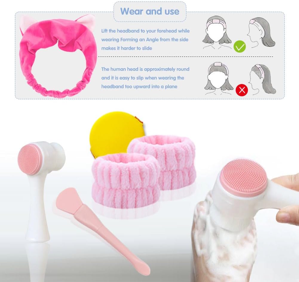 Manual Facial Cleansing Brush, Face Washing Tools,Headbands, Wrist Band ，Facial Mask Brush and Powder Puff（Pink