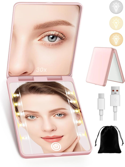 Compact Mirror, Rechargeable Magnifying Makeup Mirror with Light 30X Pink
