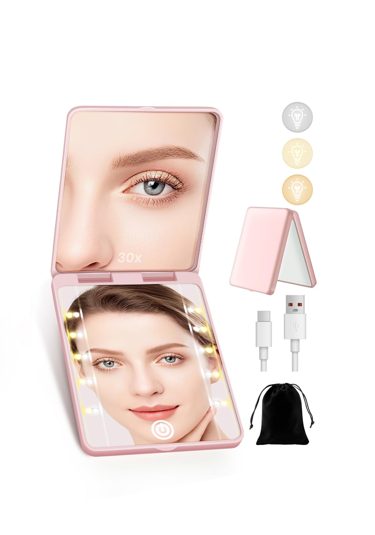 Compact Mirror, Rechargeable Magnifying Makeup Mirror with Light 30X Pink