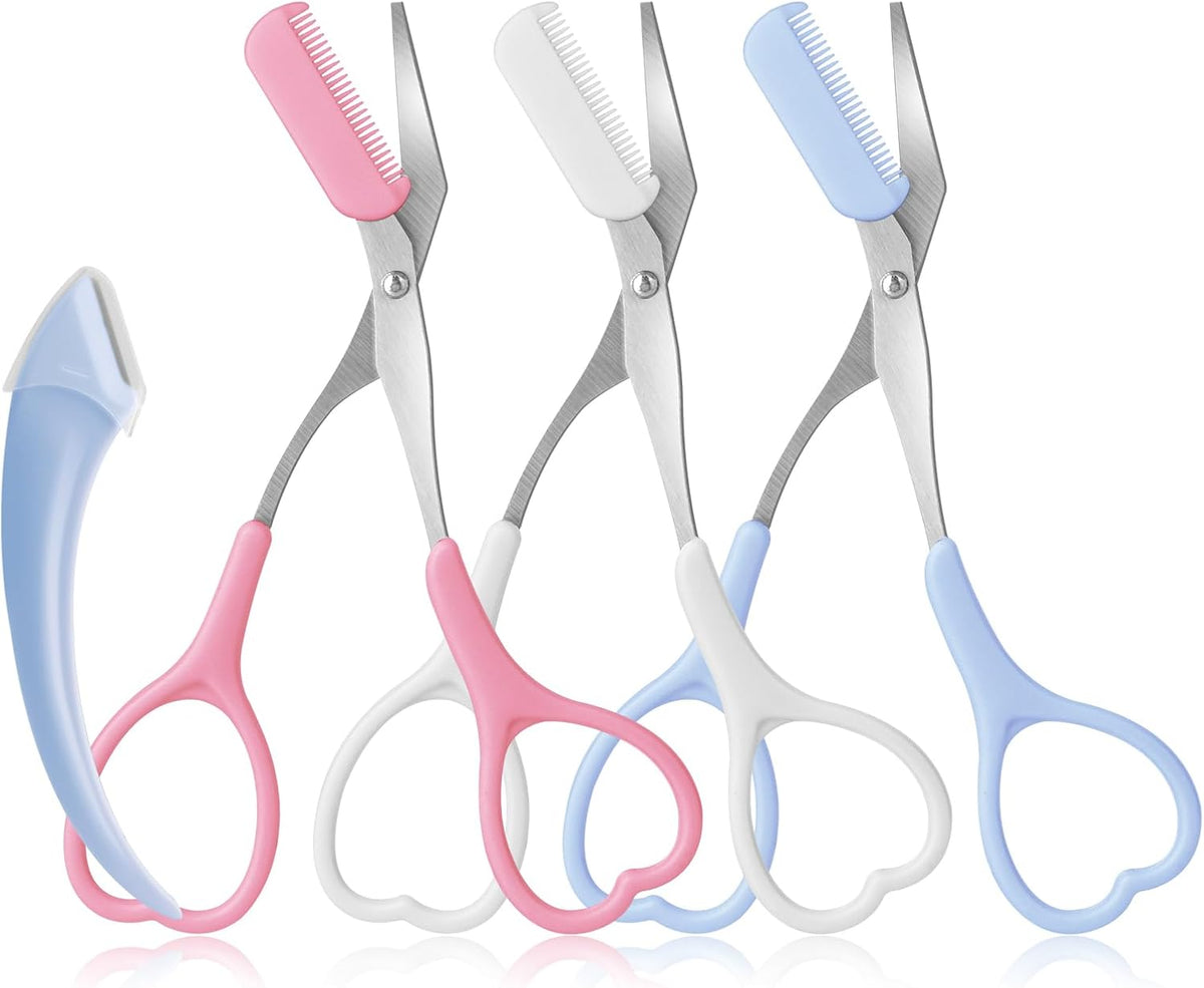 Eyebrow Scissors with Eyebrow Razor,Eyebrow Trimmer with Comb,Non Slip Finger Grips Trimmer Eyebrow Scissors, Hair Removal Beauty Accessories for Men Women (White. Pink. Blue.)