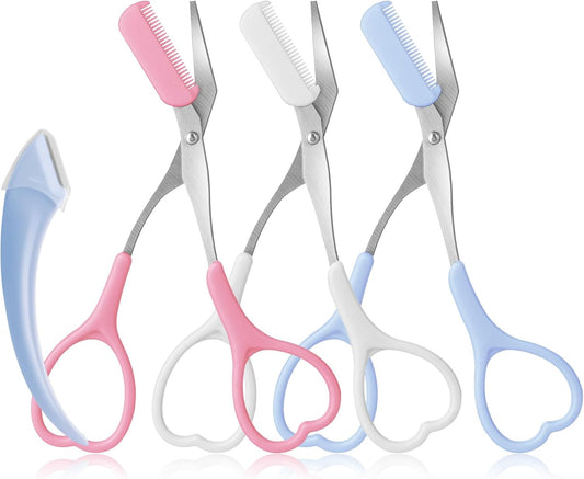 Eyebrow Scissors with Eyebrow Razor,Eyebrow Trimmer with Comb,Non Slip Finger Grips Trimmer Eyebrow Scissors, Hair Removal Beauty Accessories for Men Women (White. Pink. Blue.)