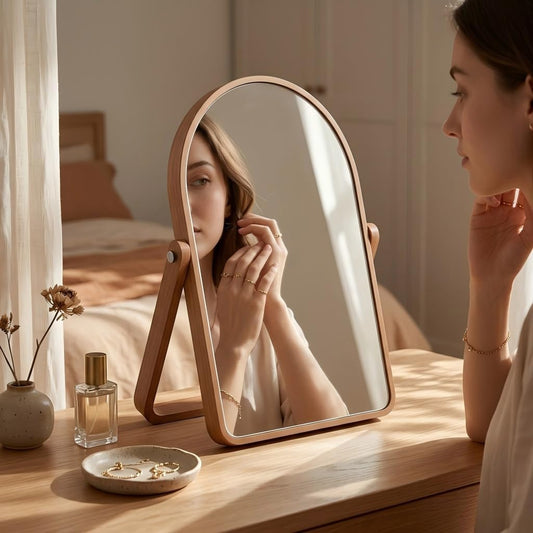 ZOROSY Arched Desk Mirrors with Stand- Wood Table Makeup Mirrors