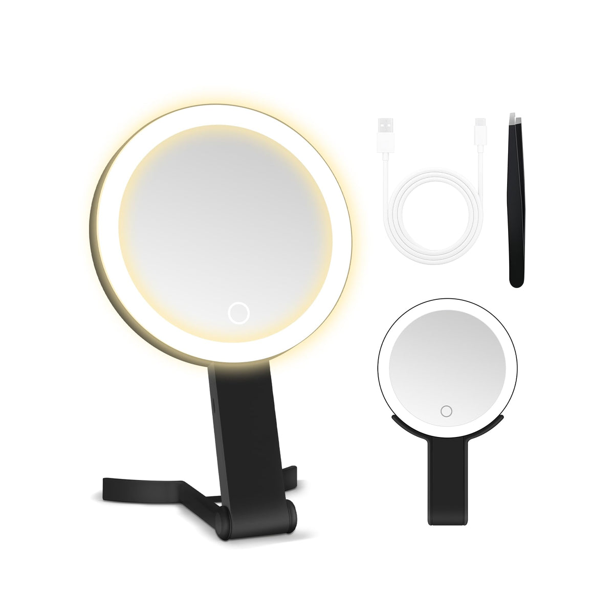 MIYADIVA Travel Makeup Mirror with Lights, Height Adjustable 30X/1X Double-Sided Magnifying Mirror, Portable Vanity Mirror with Digital Display & Phone Holder, Handheld Tabletop Hanging, Rose Gold