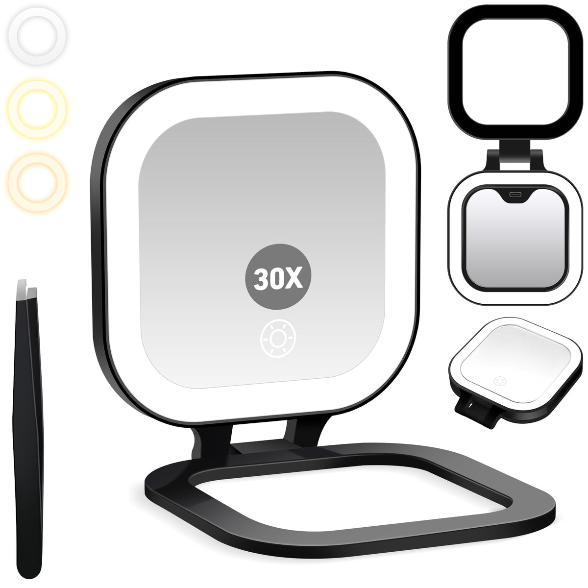 GOMIPURU Travel Mirror with Light, 1x/30x Magnifying Mirror with 3 Color Lights and Adjustable Brightness, 4.5x3.9 inch Small Compact Hangable Hand Pocket 3 Way Mirrors, Comes with Tweezer