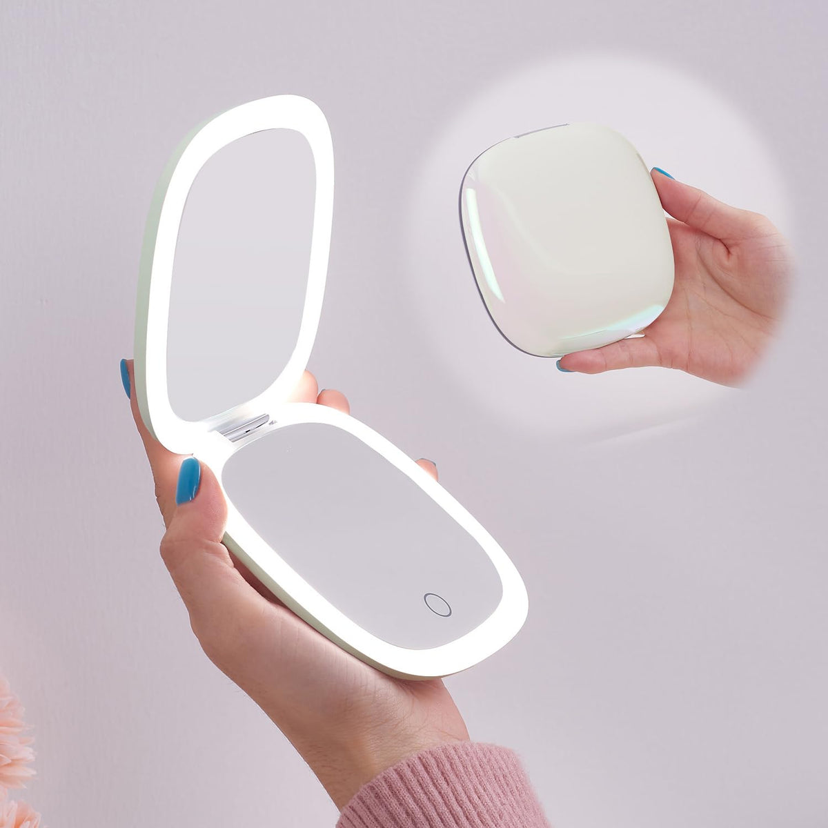 Mocado Compact LED Magnifying Travel Makeup-Mirror - 4 inches 1X/10X Magnification Small Hand Pocket Dimmable Double Sided USB Rechargeable Touch Screen, Portable Tabletop Cosmetic (Rose Gold)