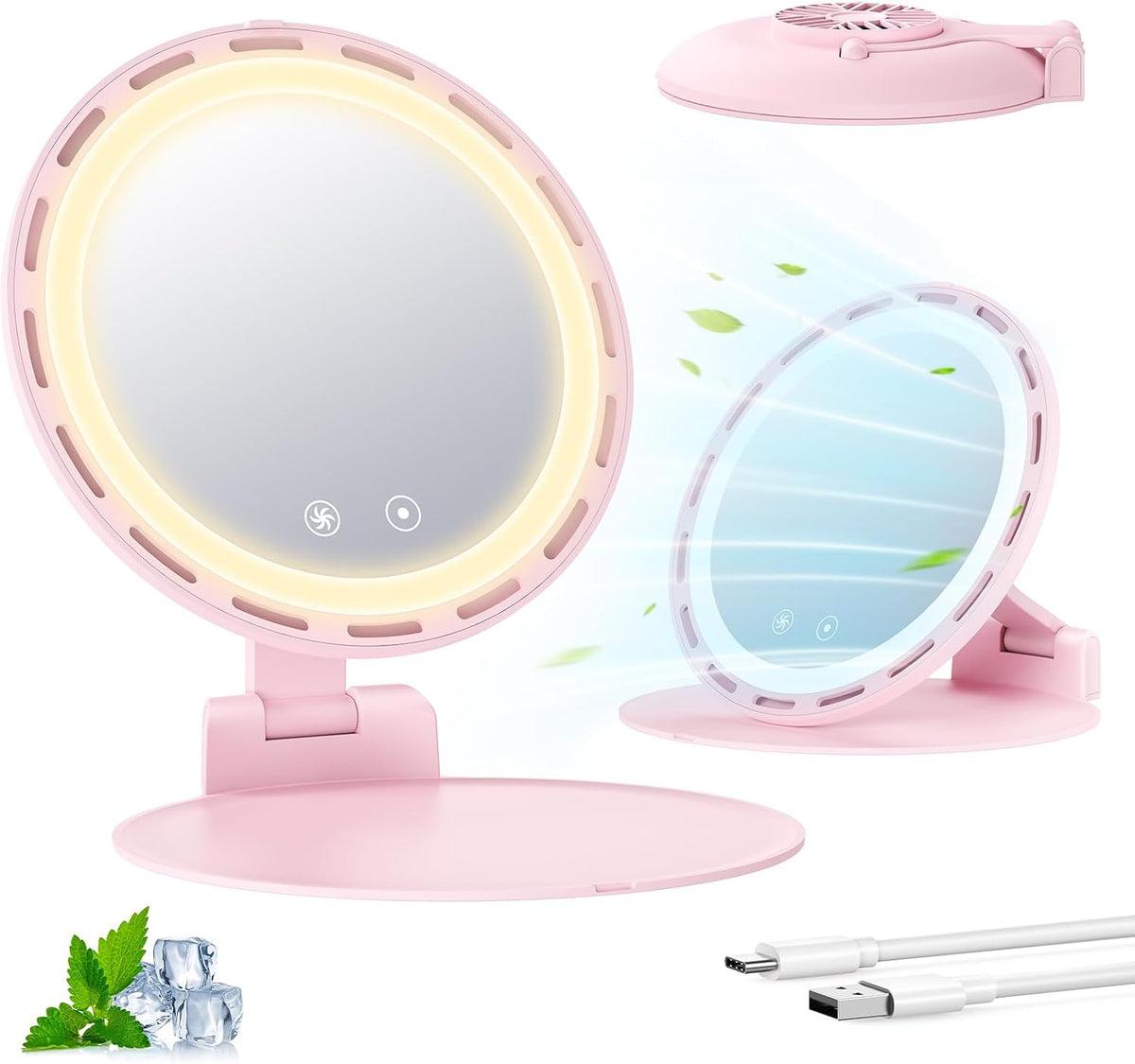 Gospire Foldable Lighted Makeup Mirror with Fan, 3-Speed & 3 Lights, Pink