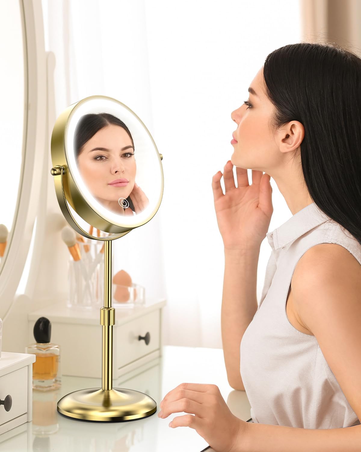 Benbilry 7" Lighted Makeup Mirror with 3 Color Lights & 10X Magnification, Adjustable Brightness & Height, 360° Swivel Rechargeable 10X LED Magnifying Vanity Mirror with Light, Gold