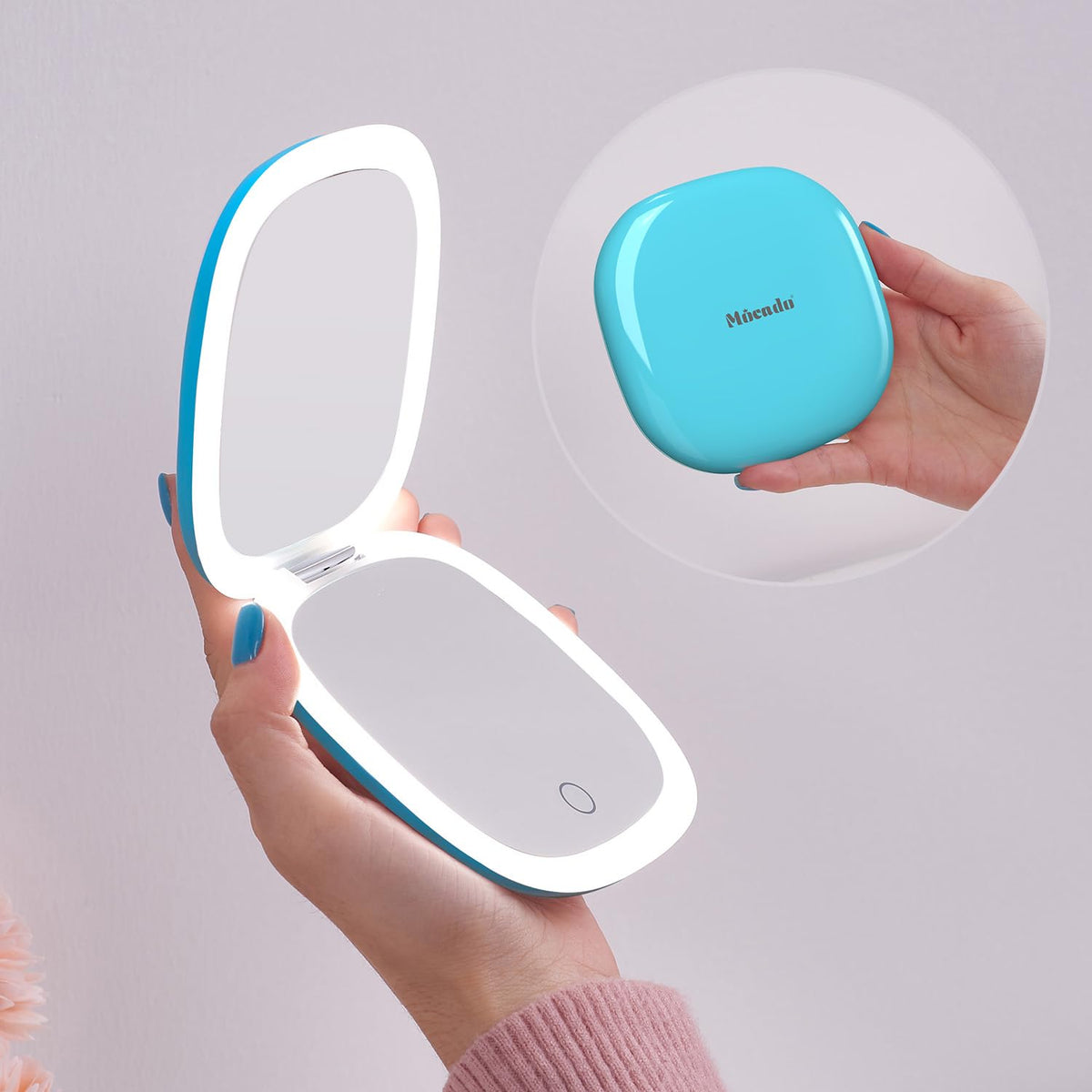Mocado Compact LED Magnifying Travel Makeup-Mirror - 4 inches 1X/10X Magnification Small Hand Pocket Dimmable Double Sided USB Rechargeable Touch Screen, Portable Tabletop Cosmetic (Rose Gold)