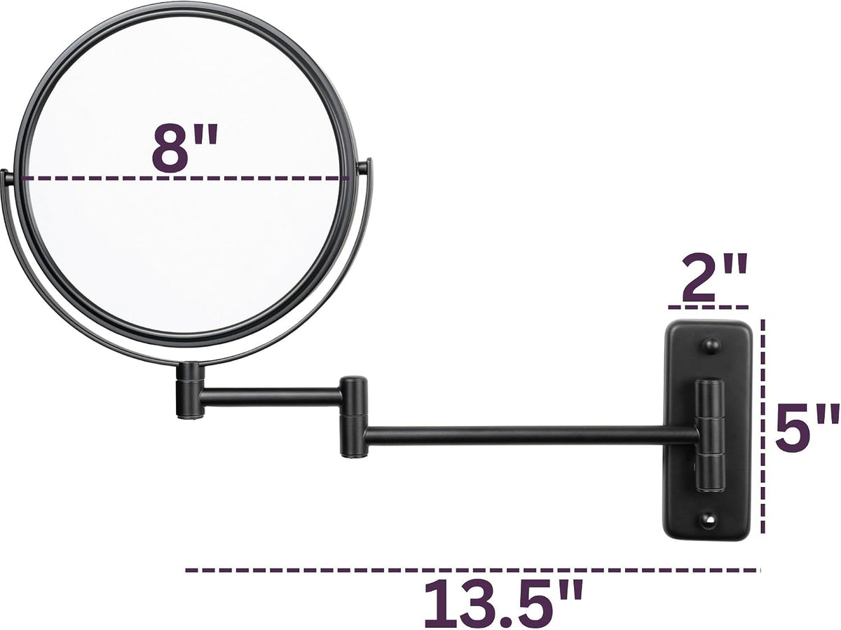 JERDON Wall-Mounted Makeup Mirror - 5X Magnification - Black - JP7506BK