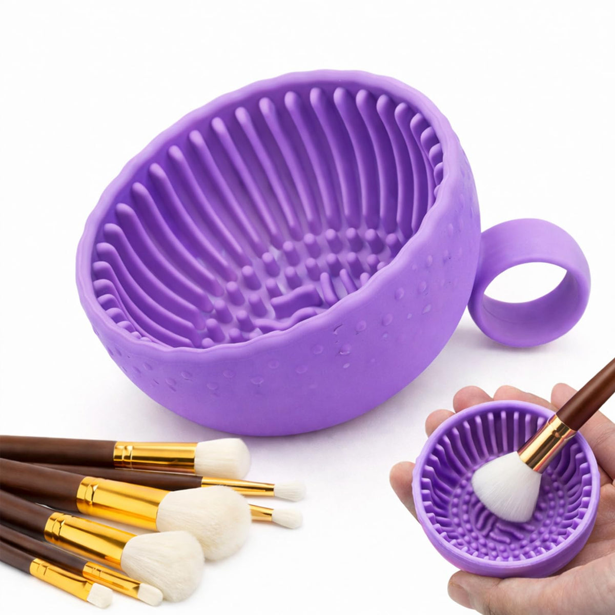 Silicone Makeup Brush Cleaner Bowl, Portable Brush Washing Tool with Textured Cleaning Pad, Compact Makeup Cleaning Bowl for Brushes, Sponges & Puffs (Purple)