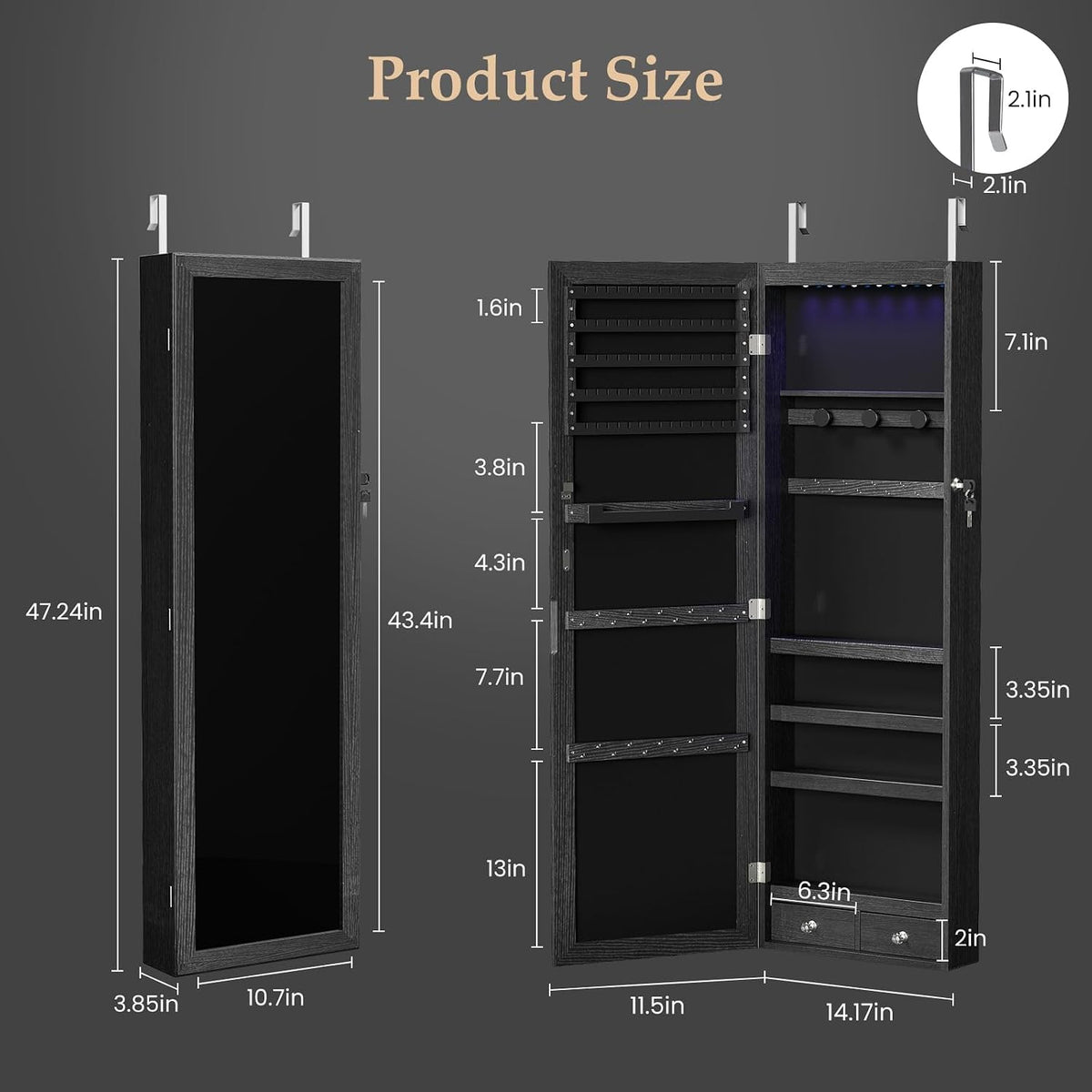 DUMOS 6 LEDs Mirror Jewelry Organizer Cabinet, Jewelry Armoire, 47.2 Inch