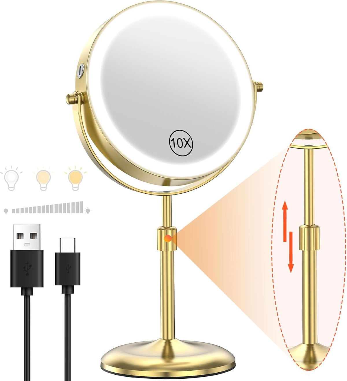 Benbilry 7" Lighted Makeup Mirror with 3 Color Lights & 10X Magnification, Adjustable Brightness & Height, 360° Swivel Rechargeable 10X LED Magnifying Vanity Mirror with Light, Gold