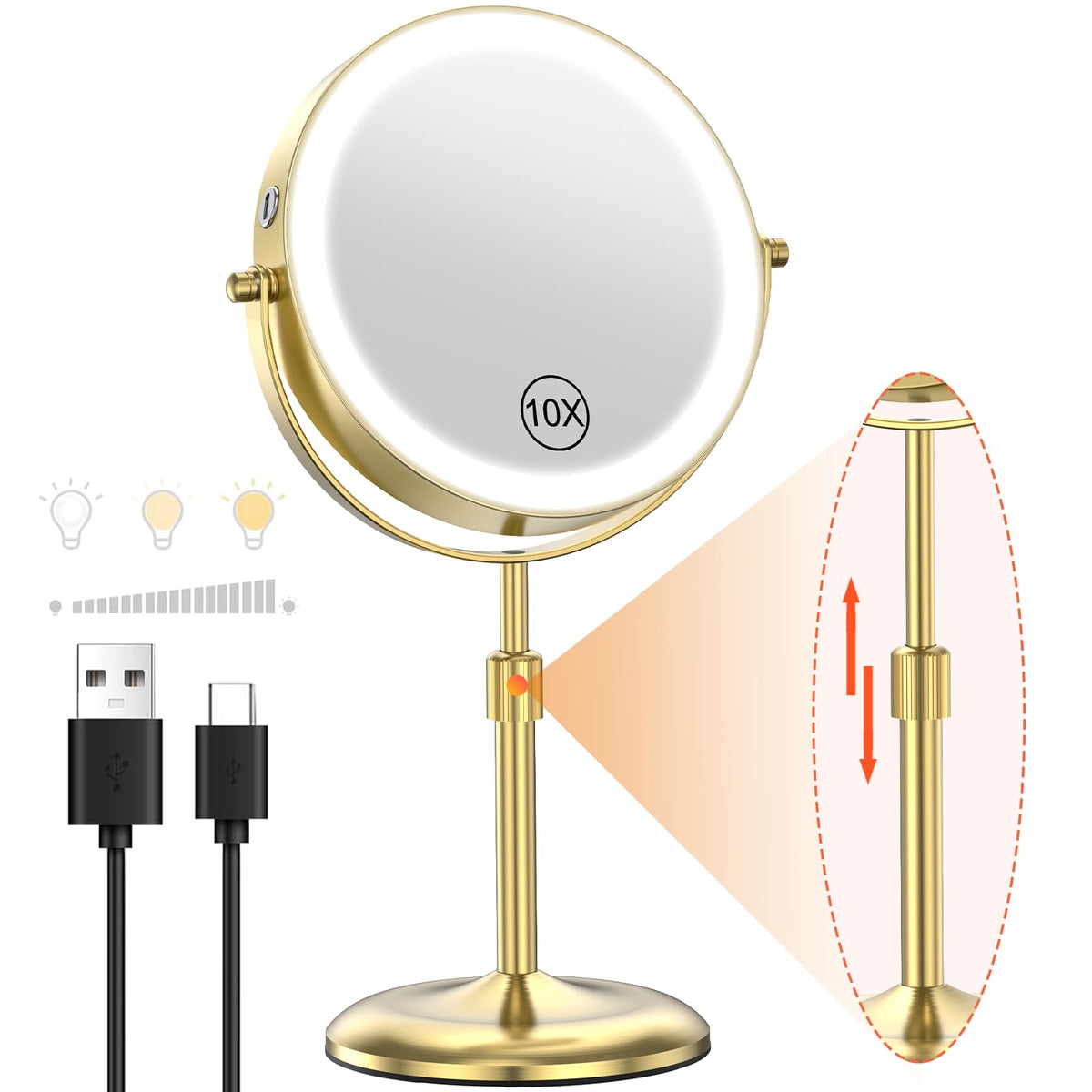 Benbilry 7" Lighted Makeup Mirror with 3 Color Lights & 10X Magnification, Adjustable Brightness & Height, 360° Swivel Rechargeable 10X LED Magnifying Vanity Mirror with Light, Gold