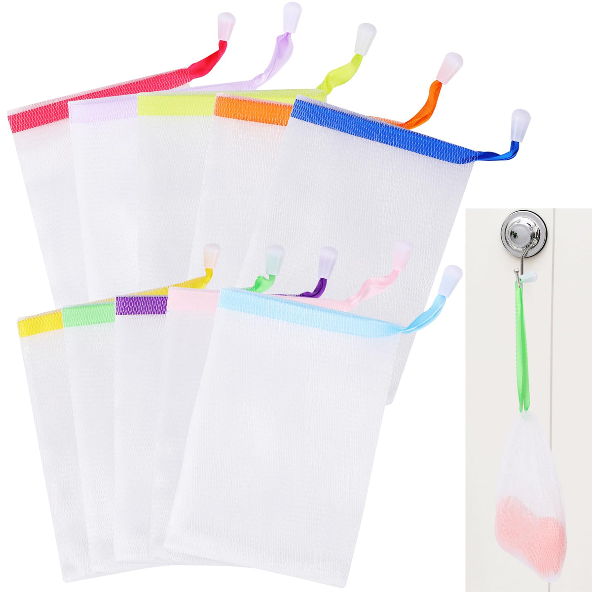 10 PCS Soap Bags Handmade Soap Bubble Mesh Bags Exfoliating Soap Saver Pouch Net Bags with Drawstring Body Facial Cleaning Tool for Bath and shower, Assorted Colors