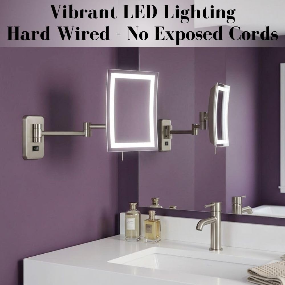 JERDON Hardwired Wall-Mount Makeup Mirror - 5X/1X - Nickel - JRT710NLD