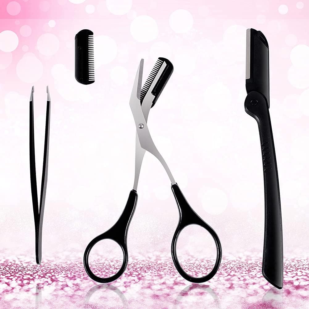 3-in-1 Eyebrow Scissors Kit，for Personal Facial Hair Removal,Multifunctional Ms. Exfoliating Beauty Tool，Including；Eyebrow Comb Scissors, Hair Removal Tweezers,Eyebrow Razor（Black