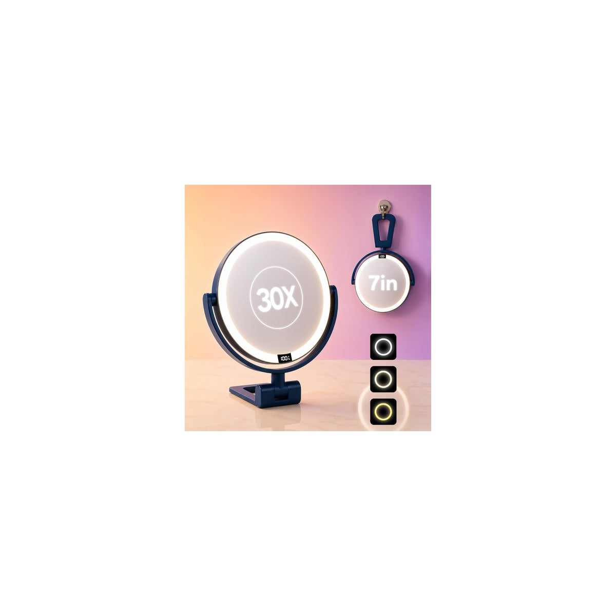 1X/30X Makeup Mirror with Lights, Rechargeable Magnifying Mirror