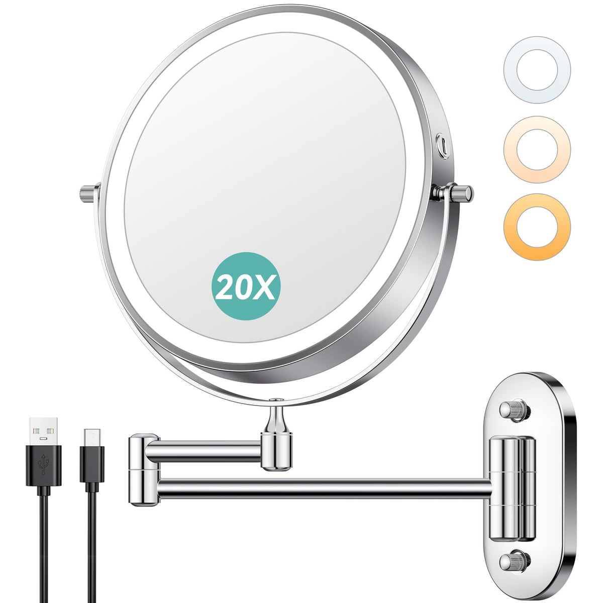 Auxmir 1X/20X Wall Mounted Makeup Mirror, 8" Rechargeable Magnifying Mirror