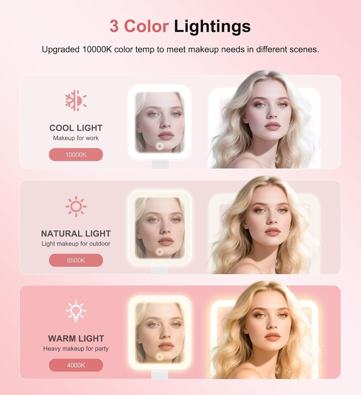 Travel Makeup Mirror with Lights, 10X/1X, 3 Colors, USB-C, Pink, Portable