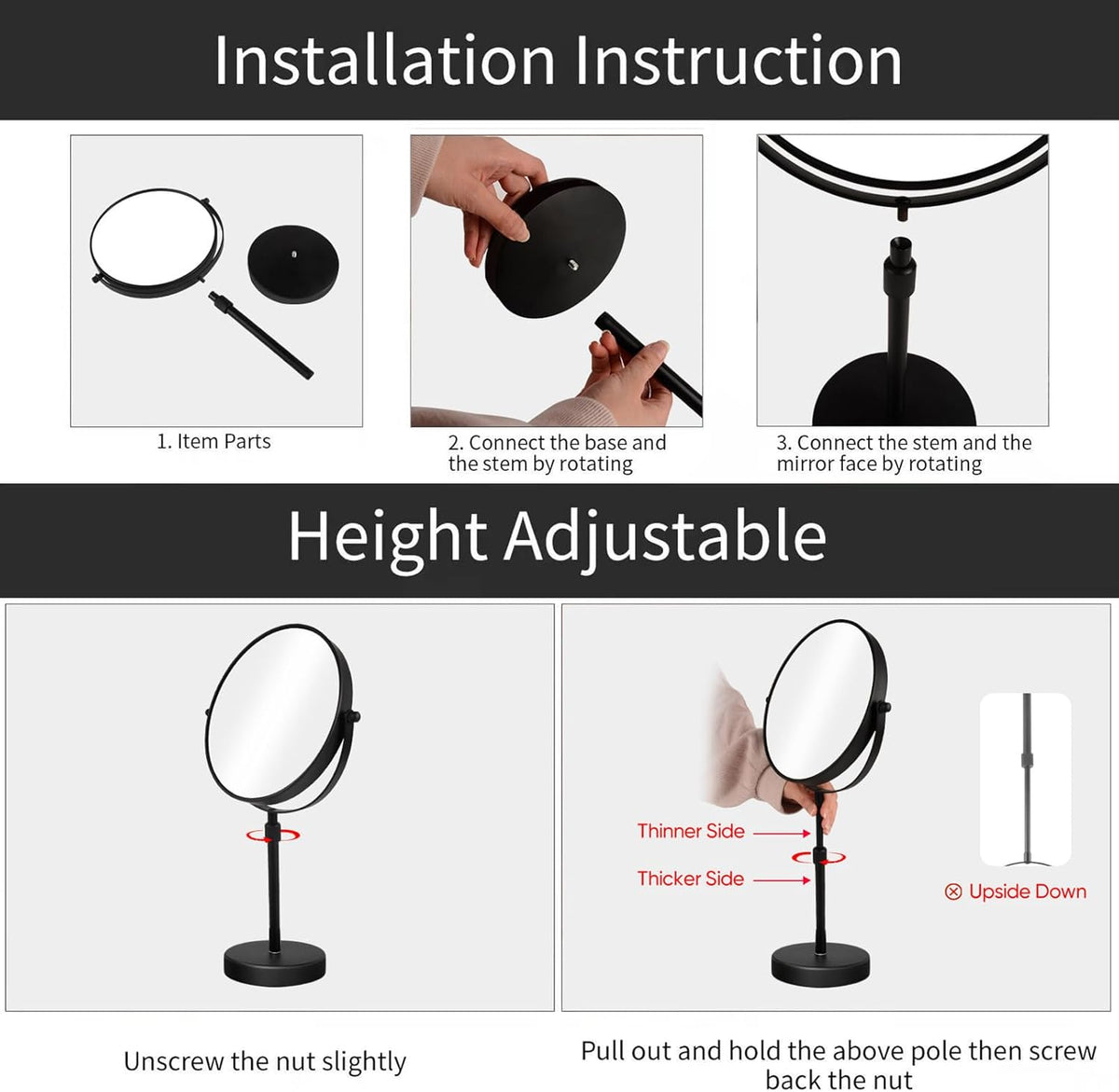 Nicesail Taller Tabletop Makeup Mirror, 8 Inch 5X Magnified, Matte Black