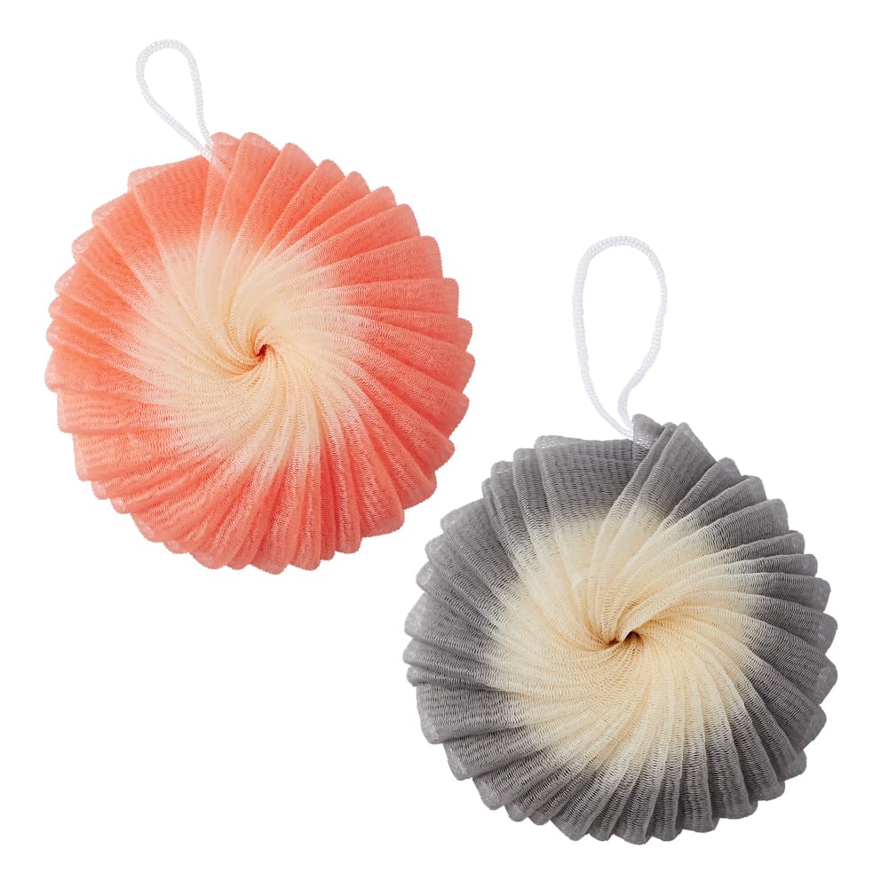 Éclat Mesh Bath Sponge Loofah Ball, Soft Exfoliating Body Scrubber for Wash, Rich-Lather Nylon Net Puff with Quick-Dry Hanging Loop, Gentle Daily Cleanser (Pink/Grey, 2Pcs)