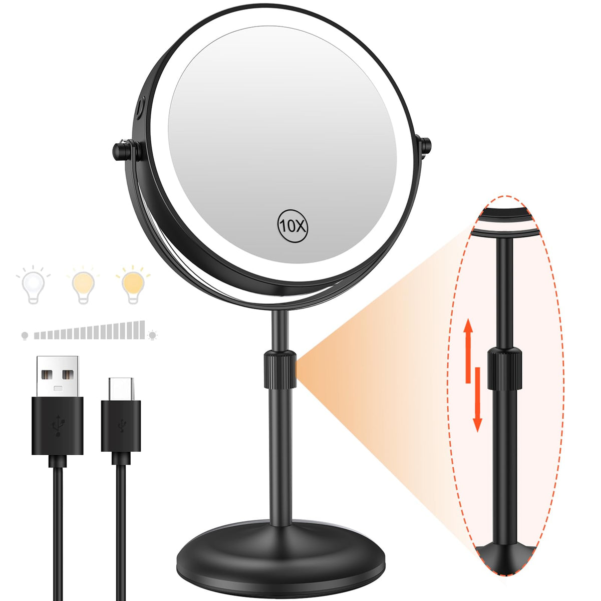 Benbilry 7" Lighted Makeup Mirror with 3 Color Lights & 10X Magnification, Adjustable Brightness & Height, 360° Swivel Rechargeable 10X LED Magnifying Vanity Mirror with Light, Gold