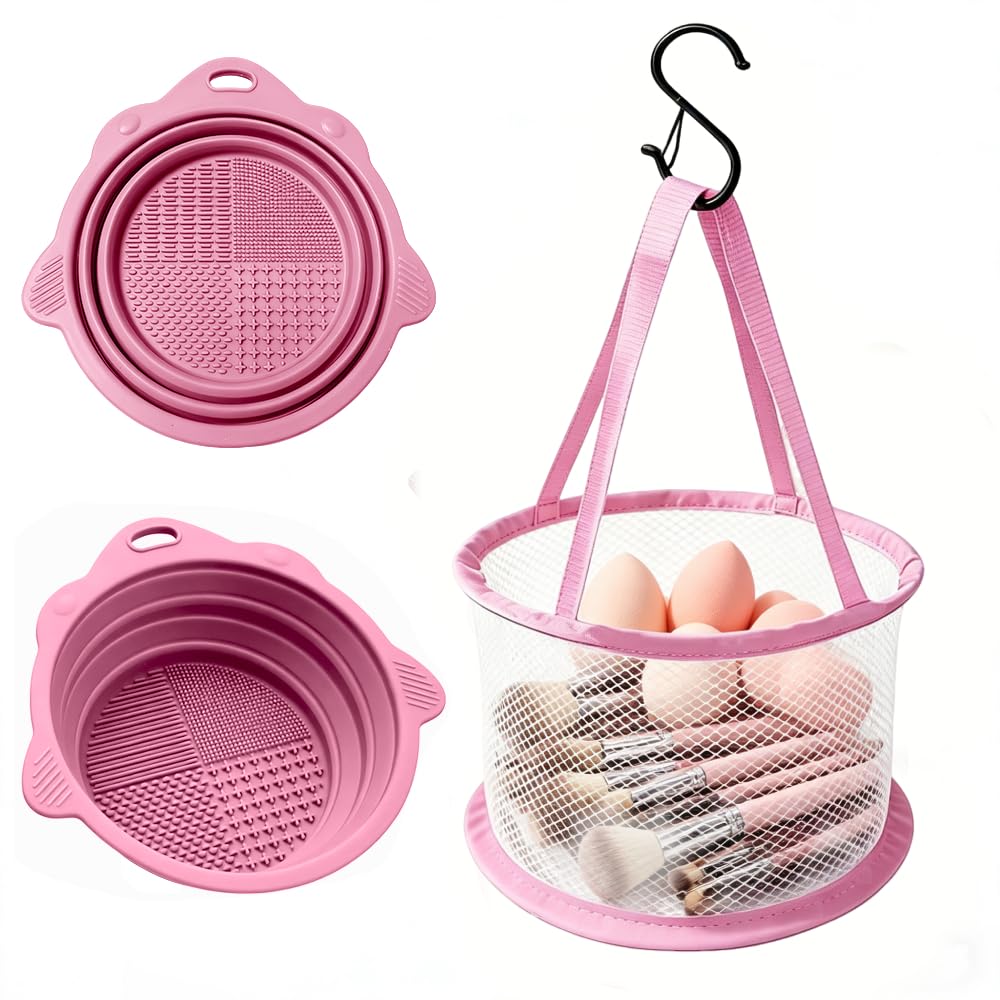 Makeup Brush Cleaner Mat & Drying Basket, Makeup Brush Cleaner and Dryer, Make Up Brush Cleaner Pad & Solution 3 In 1, Brush Cleaner Make Up Tool