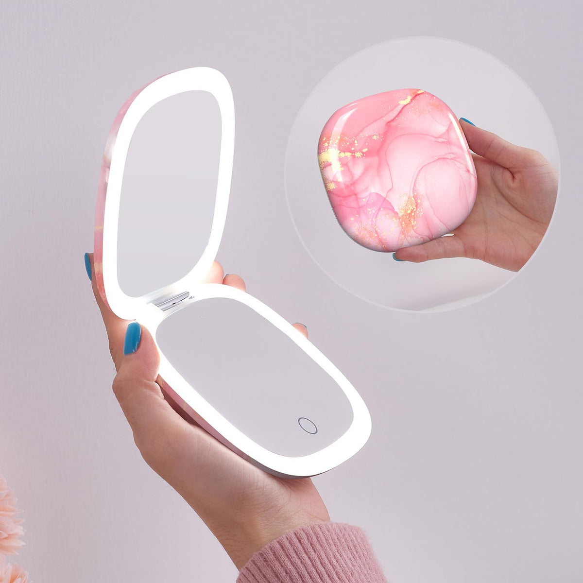 Mocado Compact LED Magnifying Travel Makeup-Mirror - 4 inches 1X/10X Magnification Small Hand Pocket Dimmable Double Sided USB Rechargeable Touch Screen, Portable Tabletop Cosmetic (Rose Gold)