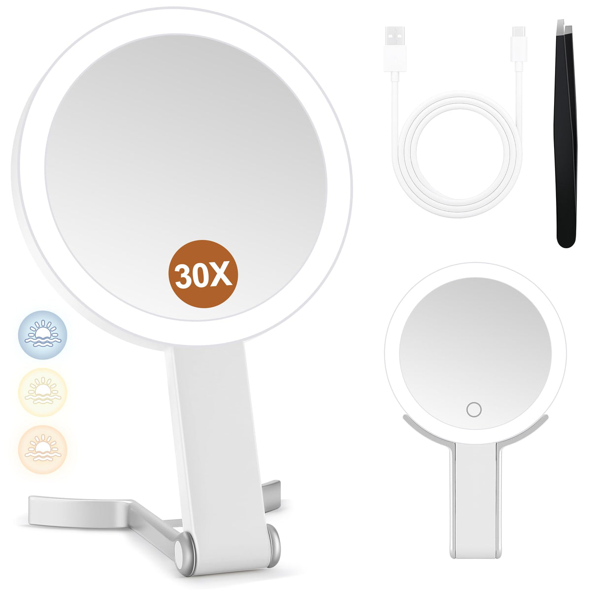 MIYADIVA Travel Makeup Mirror with Lights, Height Adjustable 30X/1X Double-Sided Magnifying Mirror, Portable Vanity Mirror with Digital Display & Phone Holder, Handheld Tabletop Hanging, Rose Gold