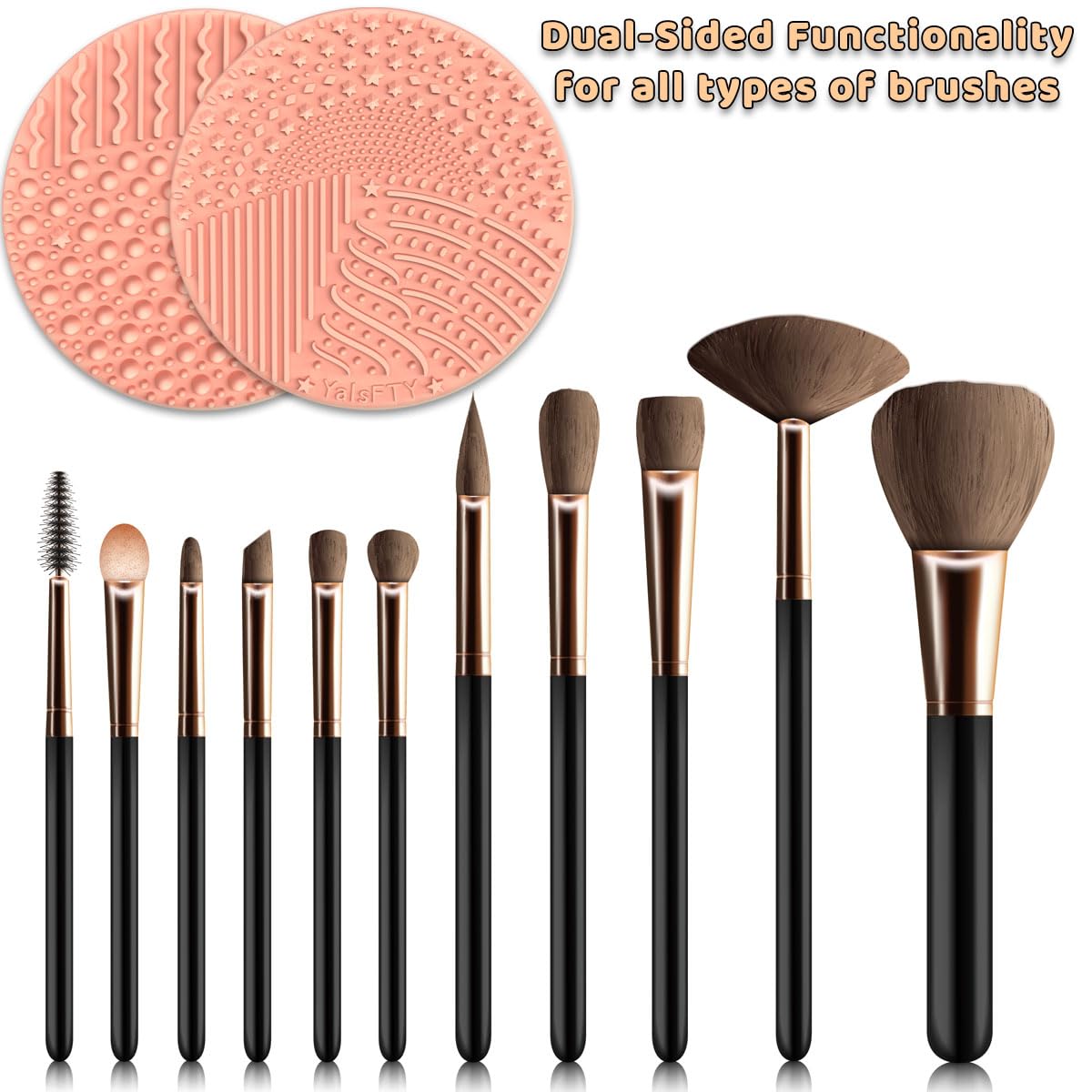 2 Pieces Silicone Makeup Brush Cleaner, YalsFTY Cosmetic Brush Scrubber Mat Pad Cleaning Tool, Dual-Sided Functionality to Accommodate All types of Brushes, Powder Puffs and Sponges (Blue & Peach)
