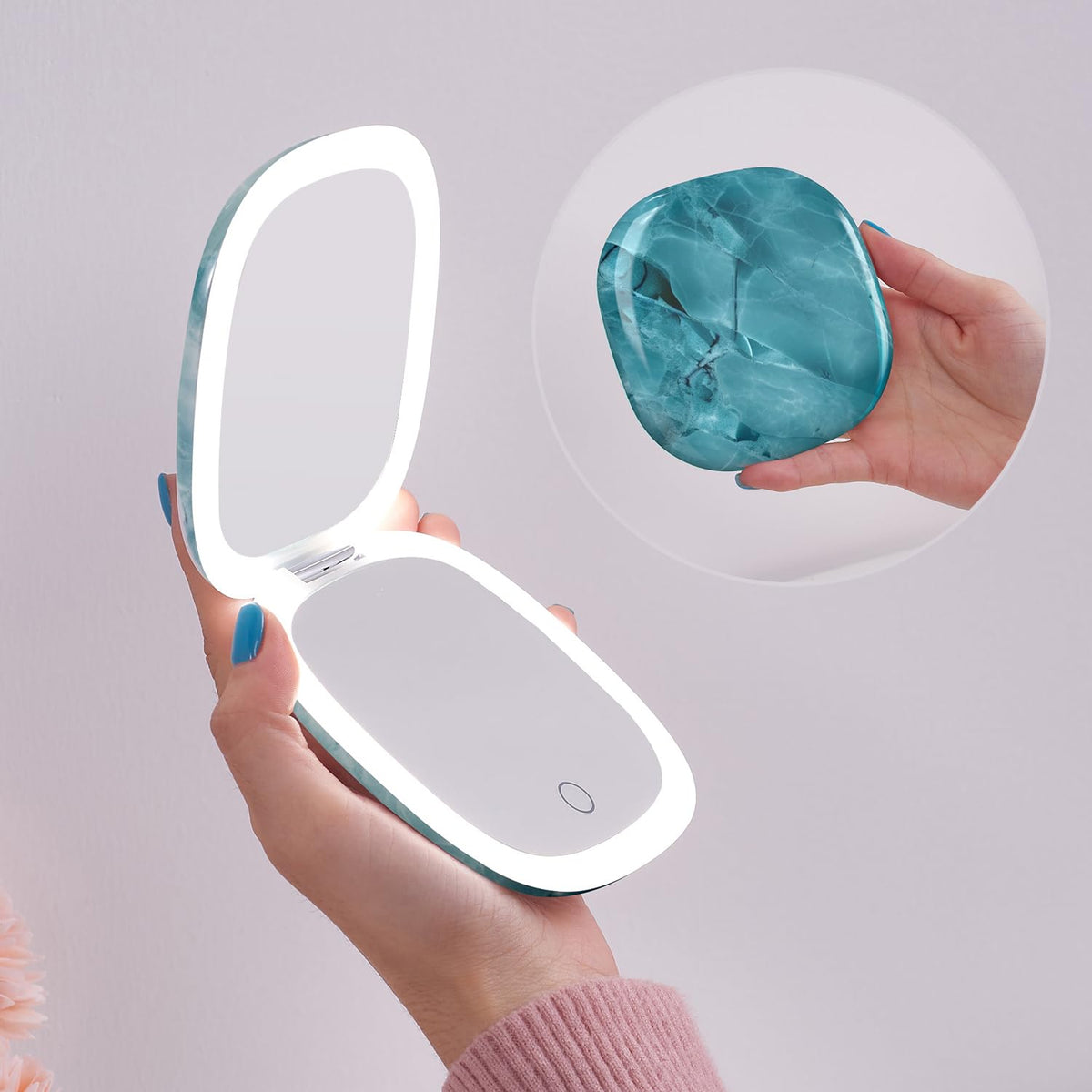 Mocado Compact LED Magnifying Travel Makeup-Mirror - 4 inches 1X/10X Magnification Small Hand Pocket Dimmable Double Sided USB Rechargeable Touch Screen, Portable Tabletop Cosmetic (Rose Gold)