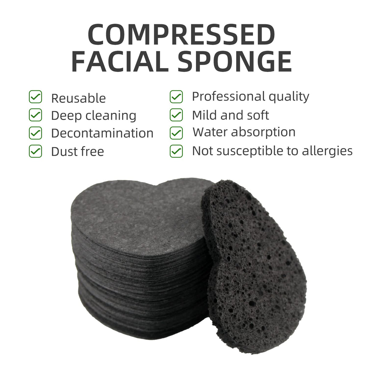 100-Count Compressed Facial Sponges for Estheticians Heart Shape Natural Cellulose Sponge Professional Cosmetic Spa Sponges for Face Cleansing, Massage, Pore Exfoliating, Mask, Makeup Removal, Black