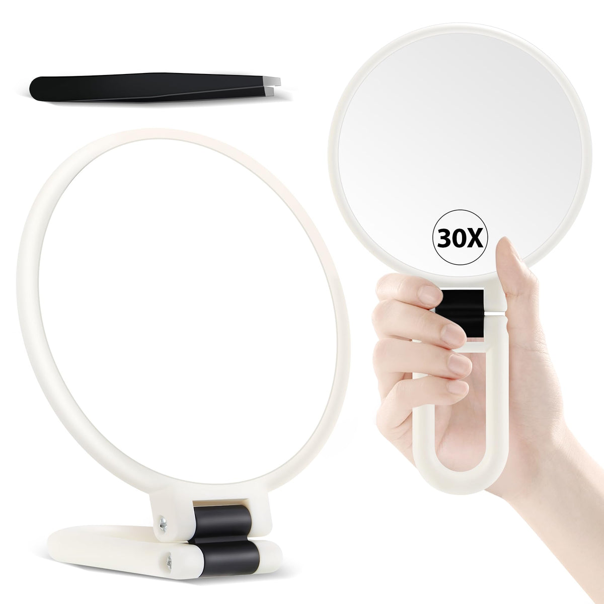 B Beauty Planet 30X Magnifying Mirror, Hand Mirror with Handle, Double Sided Hand Mirror with 30X/1X Magnification, Travel Essential Portable Foldable Makeup Mirror for Precision Makeup Black