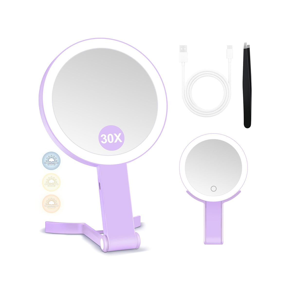 MIYADIVA Travel Makeup Mirror with Lights, Height Adjustable 30X/1X Double-Sided Magnifying Mirror, Portable Vanity Mirror with Digital Display & Phone Holder, Handheld Tabletop Hanging, Rose Gold