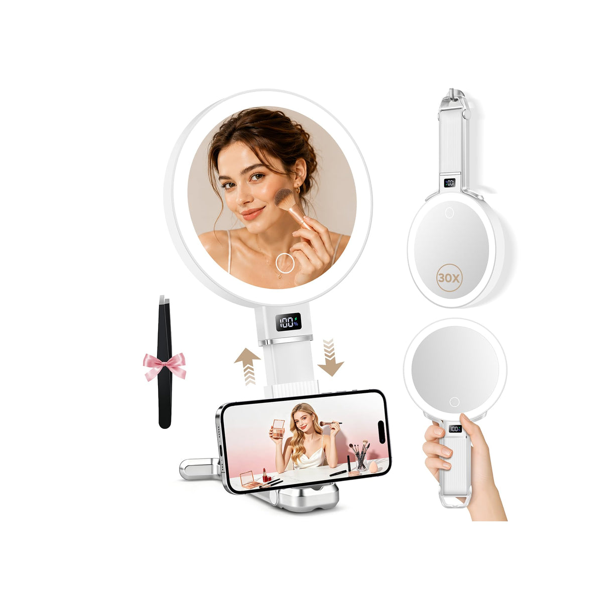 MIYADIVA Travel Makeup Mirror with Lights, Height Adjustable 30X/1X Double-Sided Magnifying Mirror, Portable Vanity Mirror with Digital Display & Phone Holder, Handheld Tabletop Hanging, Rose Gold