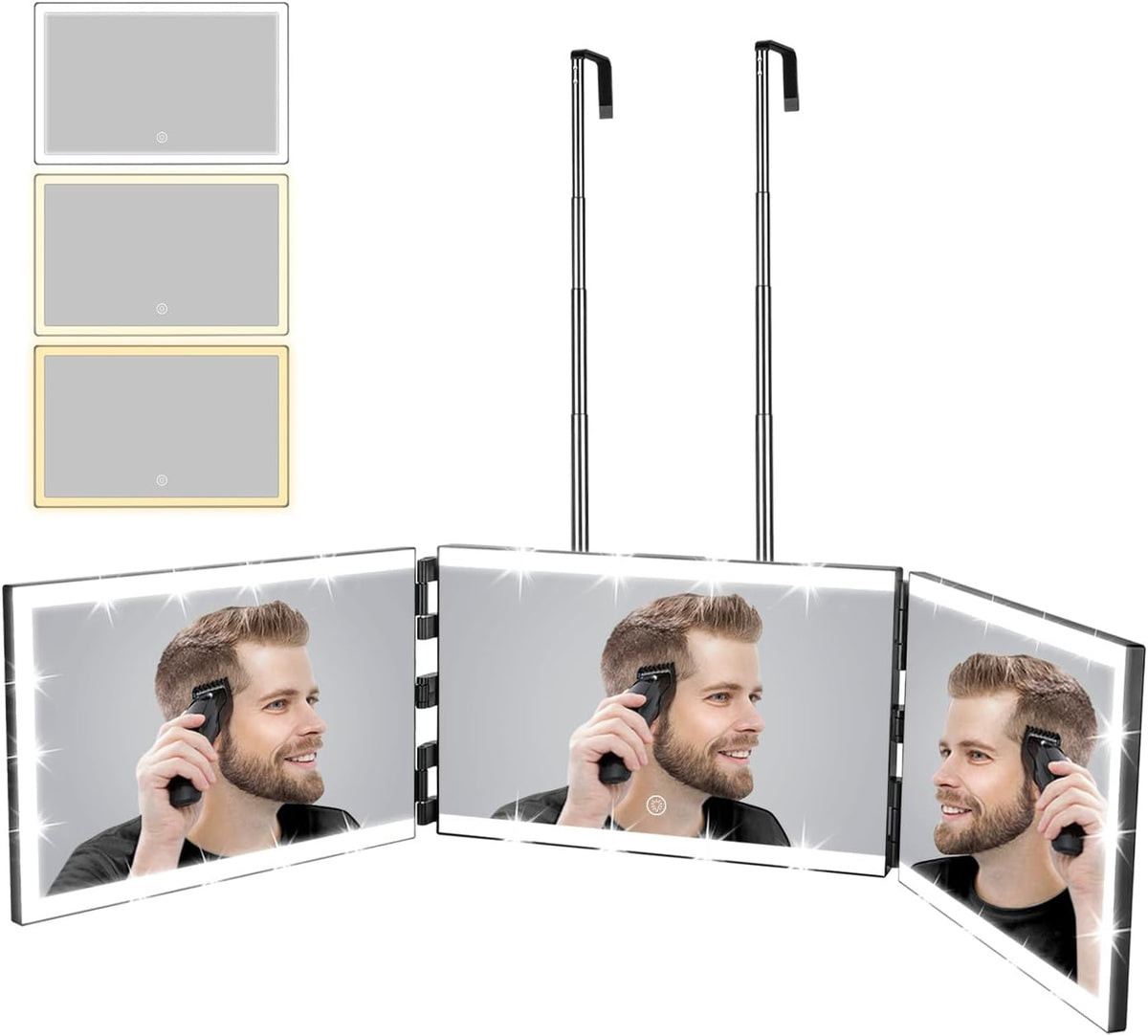 XIGETRAIL Rechargeable 3 Way Mirror for Hair Cutting with 8 Light Strips