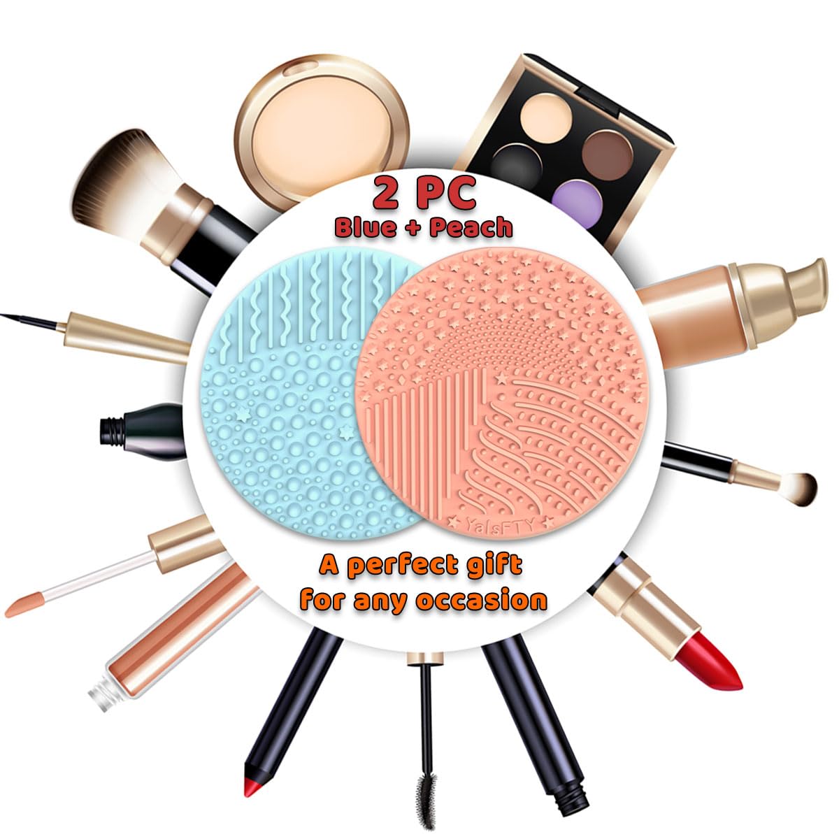 2 Pieces Silicone Makeup Brush Cleaner, YalsFTY Cosmetic Brush Scrubber Mat Pad Cleaning Tool, Dual-Sided Functionality to Accommodate All types of Brushes, Powder Puffs and Sponges (Blue & Peach)